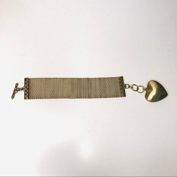 Vintage Brass Gold Electroplated Puff Heart Charm Wide Mesh Bracelet - Picture 12 of 14